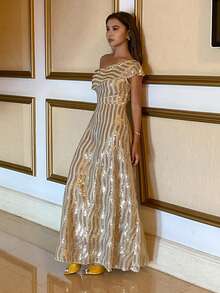 Livesso Elegant Sequin Embellished Asymmetrical Shoulder Midi Dress For Women Sundress - Champagne - View 4