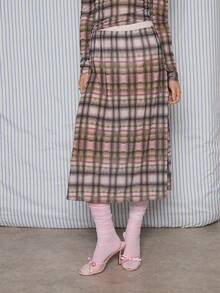 COUREZ 低腰网纱格纹中长裙/Y2K风格春季女装，可爱性感外出裙两件套，约会之夜情人节穿搭 - 彩色 - 查看 2