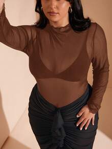 SHEIN BAE Áo liền thân lưới đen xuyên thấu cỡ lớn dành cho nữ, áo liền thân một mảnh màu đen, áo liền thân ôm sát cơ thể cỡ lớn, áo liền thân biểu diễn, trang phục Giáng sinh, áo liền thân bó sát thường ngày cho nữ, áo liền thân gợi cảm, áo liền thân tay dài cỡ lớn, áo liền thân cổ lọ, áo liền thân xuyên thấu cỡ lớn, trang phục công sở cho nữ. - màu nâu - Xem 4