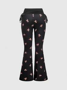 ROMWE J-Fashion Áo kiểu ren thêu hình hươu dễ thương kết hợp với quần ống loe in họa tiết hươu khắp thân quần. - màu đen - Xem 8