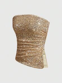 ROMWE Women's Sexy Glitter Ruched Bandeau Top, Suitable For Party And Music Festival - Gold - View 3