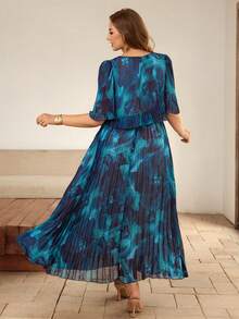 Roveilla 加大码蓝色连衣裙，褶皱梭织面料，长款多色随机印花，圆领七分袖泡泡袖，加大码连衣裙，女士加大码连衣裙，蓝色加大码连衣裙，褶皱连衣裙，加大码波西米亚风连衣裙 - 彩色 - 查看 2
