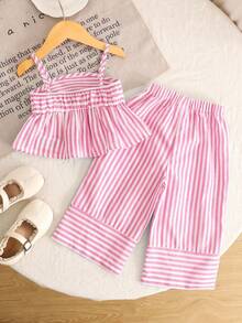 SHEIN Bộ đồ nữ sinh trẻ phong cách thường ngày, thích hợp cho kỳ nghỉ, đi học, đường phố: áo hai dây dáng chữ A phối họa tiết kẻ sọc và quần ống rộng phối họa tiết. - Hồng - Xem 3