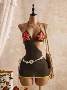 Bellisia Women's Halter Tie Backless Floral Print Hollow Out Sexy Vacation Coverup Dress - Multicolor - View 1