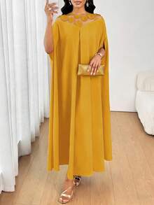 SHEIN Lady 女士时尚优雅网纱拼接连衣裙 - 黃色 - 查看 4