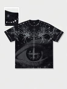 ROMWE MEN 2026 Spring, Autumn & Summer Men's Casual Rhinestone Embellished Round Neck Printed Short Sleeve T-Shirt, Punk Street Y2K Style Summer Top - Black - View 3