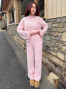 Abrilcols Conjunto de 2 piezas de suéter y pantalones de punto de unicolor casual para mujer, otoño/invierno - Rosa Pálido - Ver 3