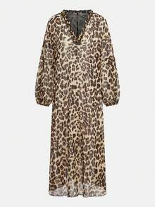 Maija 女士豹纹荷叶边V领灯笼袖罩衫连衣裙，度假款 - 棕色 - 查看 6