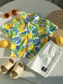 SHEIN 2pcs/Set Baby Boy Summer Casual Beach Holiday Cute Lemon Print Short Sleeve Shirt & Elastic Waist Shorts Set, Summer Vacation Outfit Boy Vacation Outfit Sets Baby Boy Beach Shirts Baby Hawaiian Shirt Toddler Boy Tropical Outfit Boy Summer Outfit Set - Multicolor - View 5