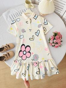 SHEIN Tween Girl Ditsy Floral Knit Casual Dress - White - View 5