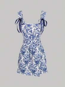 SHEIN MOD Plus Size Women Asymmetric Hem Floral Print Skirt, Vacation Style - Blue and White - View 6