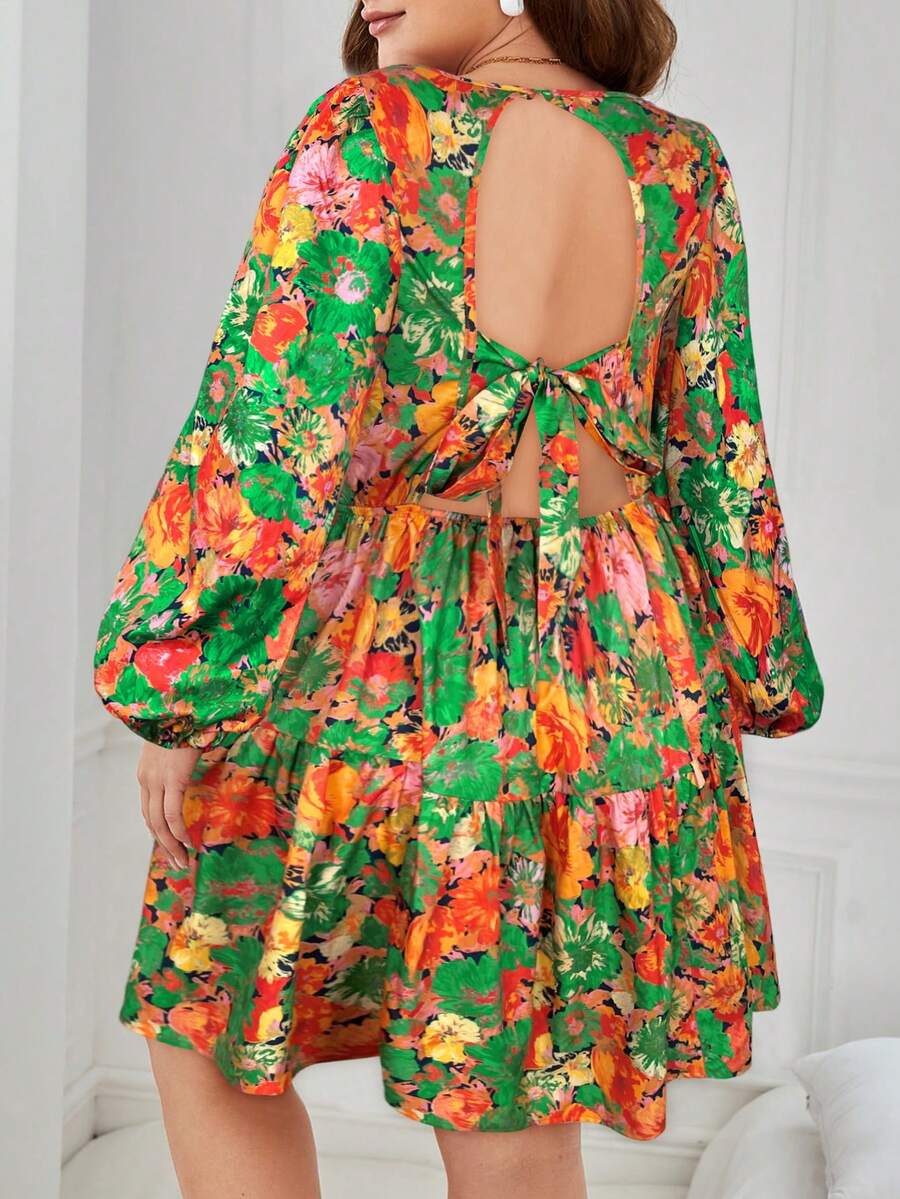 SHEIN VCAY Plus Size Elegant Floral Print Tie-Waist Backless Dress, Suitable For Commuting - Royal Blue - View 1
