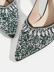 CUCCOO TILAWA Silver Toe Open Pointed-Toe Rhinestone Satin Wedding Heels For Women For Christmas Valentine's Day - Dark Green - View 5