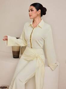 Graceveil Ensemble 2 pièces femme composé d'une chemise à manches longues à boutons avec patchs pailletés et épaules tombantes, et d'un pantalon large