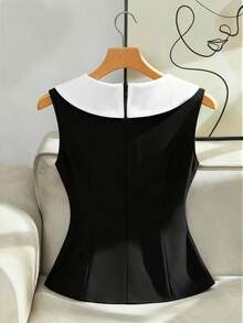 GlowEve 女士优雅撞色领3D立体花卉装饰无袖背心 - 黑與白 - 查看 2