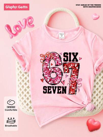 SHEIN GraphicGems Young Girls' Printed Basic Round Neck Short Sleeve T-Shirt
