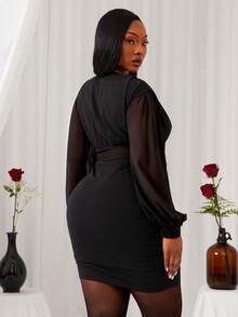 SHEIN SXY Plus Size Women's Solid Color Deep V-Neck Long Sleeve Front Button Ruched Fitted Sexy Fashion Dress,Suitable For Casual Outings, Dates, Birthday,Cocktail, Formal Event, Valentine's Day,Elegant Dresses For Women,Holiday Dress,Casual Dresses For Women,Valentine's Day - Black - View 2