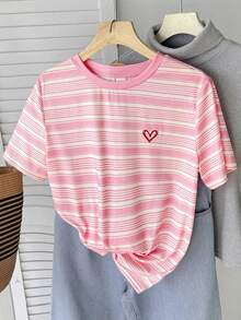 Teen Girls' Casual Versatile Sweet Pink Striped + Heart Embroidery Graphic Round Neck Regular T-Shirt Cute Teen Tops Cute Shirts Summer Summer Tops For Teen Girls Aesthetic Aesthetic Teen Girl Shirts - Pink - View 7