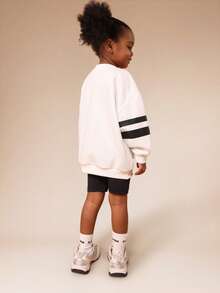 SUMWON Studios Club White Pullover Hoodie With Black Striped Sleeves And Black Cycling Shorts Co-Ord Set For Kids Fall Winter Casual Wear Vacation - White - View 2