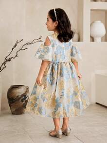 SHEIN Glamorique Kids Luxury Girls Vacation Style Flared Midi Dress With Blue Plant Pattern And Cold Shoulder Puff Sleeves For Young Kids - Blue - View 2