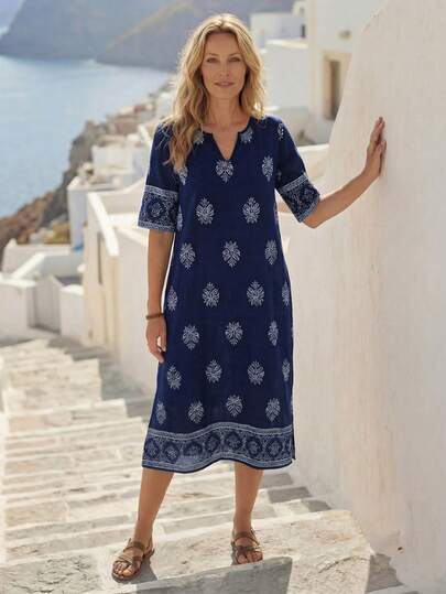 Faunlyn Women's Floral Print V-Neck Short Sleeve Mid-Length Dress,Vacation Outfits Women