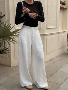 Livesso Women's Casual Everyday Commute Simple Versatile Solid Color High Waist Pleated Loose Wide Leg Pants - White - View 7