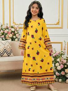 Tween Girls Yellow Autumn Boho Family Matching Casual Floral & Print Long Sleeve Robe,Vintage Elegant Kaftan Traditional Arabic Style Patterned Dress - Multicolor - View 5