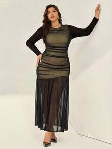SHEIN Essnce 大码优雅女士连衣裙，秋季裹身式连衣裙，优雅女士连衣裙，长款连衣裙，棕色连衣裙，咖啡色连衣裙，长袖连衣裙，约会连衣裙 - 彩色 - 查看 6