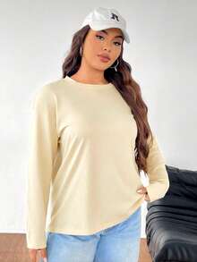SHEIN EZwear Plus Size Solid Color Round Neck Casual Long Sleeve T-Shirt - Light Yellow - View 4