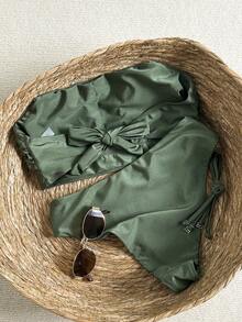 Bonvoyette 女士纯色吊带无肩带比基尼套装，春夏款 - 軍綠色 - 查看 7