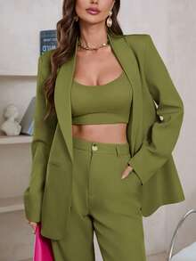 Aveloria Modichic Solid Color Long Sleeve Blazers With Pockets  - Green - View 6