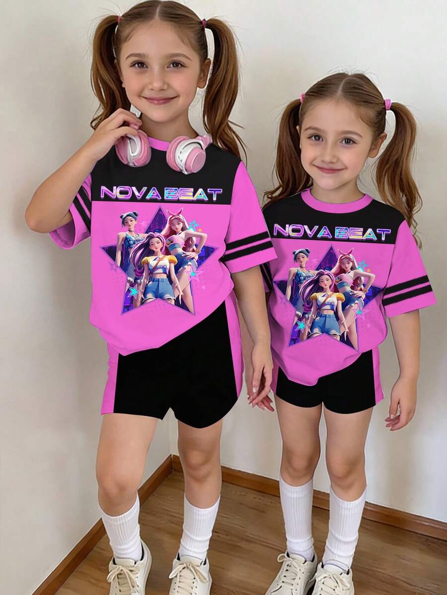 1 Set Conjunto de camiseta de manga corta y pantalones cortos con estampado de rayas de contraste en fucsia y negro de estilo casual de dibujos animados K-POP NOVA BEAT para niñas jóvenes, adecuado para uso al aire libre, primavera/verano - Multicolor - Ver 1