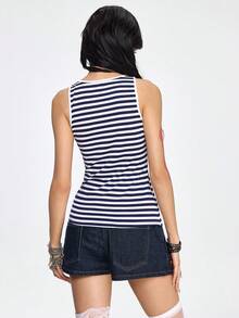 ROMWE Grunge Punk SummerY2K Vintage Navy Striped Anchor Rhinestone Decor Bodycon Tank Top - Blue and White - View 5