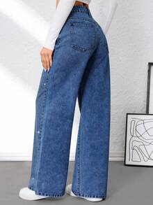 SHEIN Tall Women's Rhinestone Pocket Wide Leg Loose Casual Versatile Jeans - Medium Wash - View 2