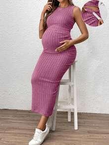 SHEIN 2pcs Maternity Solid Ribbed Tank Top And Adjustable Waist Pencil Skirt Casual Set - Pink - View 3