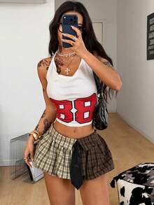 Coolane 休闲女装春夏街头风休闲外出Y2K日常穿搭复古老钱风格子拼接学院风泡泡迷你裙，配领带，学院制服风格，赠送腰带配饰 - 彩色 - 查看 3