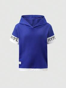 SHEIN Casuvi Kids 2pcs/Set Tween BoysSummer Outfit, Tween Boys Waffle Texture 2-Piece Set, Top Is A Casual Navy Blue Hooded Short Sleeve Sports T-Shirt With White Knit Fabric On Sleeves And Print, Bottom Is A Waffle Texture Sports Style Long Pants With White Graphic Print, Casual Sports Style Outfit Suitable For Daily Wear, Sports, Vacation, Holidays - Royal Blue - View 12