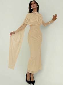 Aloruh Women's Solid Color Pleated Ruffle Elegant Slim Dress - Beige - View 7