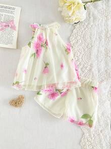 SHEIN 两件套女婴碎花雪纺蝴蝶结装饰无袖吊带上衣+松紧腰短裤套装，可爱甜美，黄色，带衬里，适合夏季休闲外出、旅行、海滩、摄影 - 黃色 - 查看 2