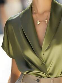 Balvessa Women's Elegant Green Collar Short Sleeve Blouse - Green - View 3