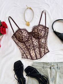 Soleia Top Bustier de Talla Grande con Estampado de Leopardo y Ribete de Encaje, Beige, Verano, Elegante, Salida Nocturna, Club, Vacaciones, Fiesta, Cita, Día de San Valentín, Festival para Mujeres - Multicolor - Ver 4