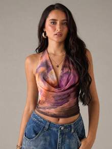 SHEIN BAE Women's Tie-Dye Halter Backless Sexy Versatile Top For Dates And Parties - Purple - View 4