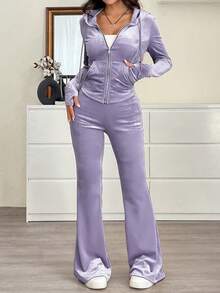 SHEIN EZwear 女士休闲纯色丝绒拉链连帽衫和裤子套装，春季，女士春季服装，紫色女士春季丝绒运动套装 - 紫色 - 查看 3