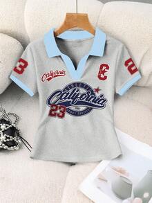 Rovax Áo polo tay ngắn cổ bẻ phối màu tương phản in chữ dành cho nữ, kiểu dáng thường ngày. - Xám - Xem 5