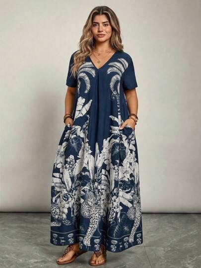 Freevana Vestido casual de talla grande con estampado tropical de leopardo