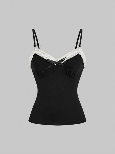 ROMWE Kawaii 可爱基础款蕾丝拼接蝴蝶结水钻装饰修身露脐女式背心