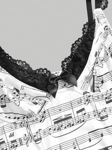 ROMWE J-Fashion Áo croptop nữ in họa tiết nốt nhạc Y2K phối ren tương phản. - trắng - Xem 3