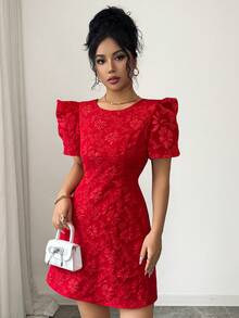 Elenzga 女士优雅提花蝴蝶结装饰短裙，夏季 - 紅色 - 查看 4