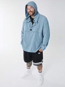 EASEVO 加大码男士休闲梭织连帽半拉链宽松插肩袖夹克，适合春秋季日常穿着 - 藍色 - 查看 4