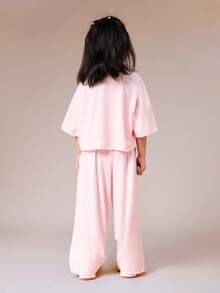 SUMWON Girls Oversized Scripted Graphic T-Shirt And Wide Leg Trouser Casual Co-Ord Set With Short Sleeves Vacation - Pink - View 2